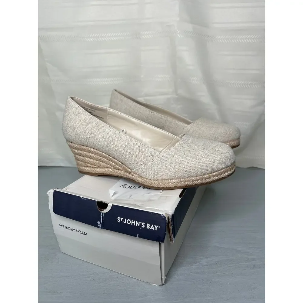 St. John's Bay Botanic Espadrille Wedge Sandals Sand Womens Size 9.5 Wide